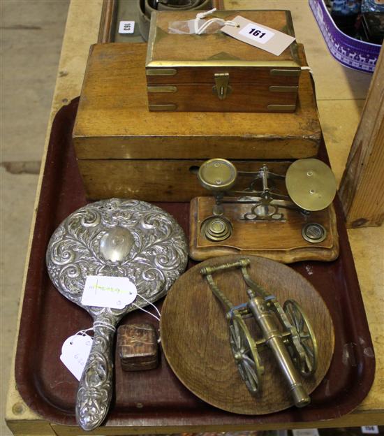 Brass travelling inkwell, leather-cased, 2 wooden boxes, postal scales, silver-mounted hand mirror, brass model cannon etc